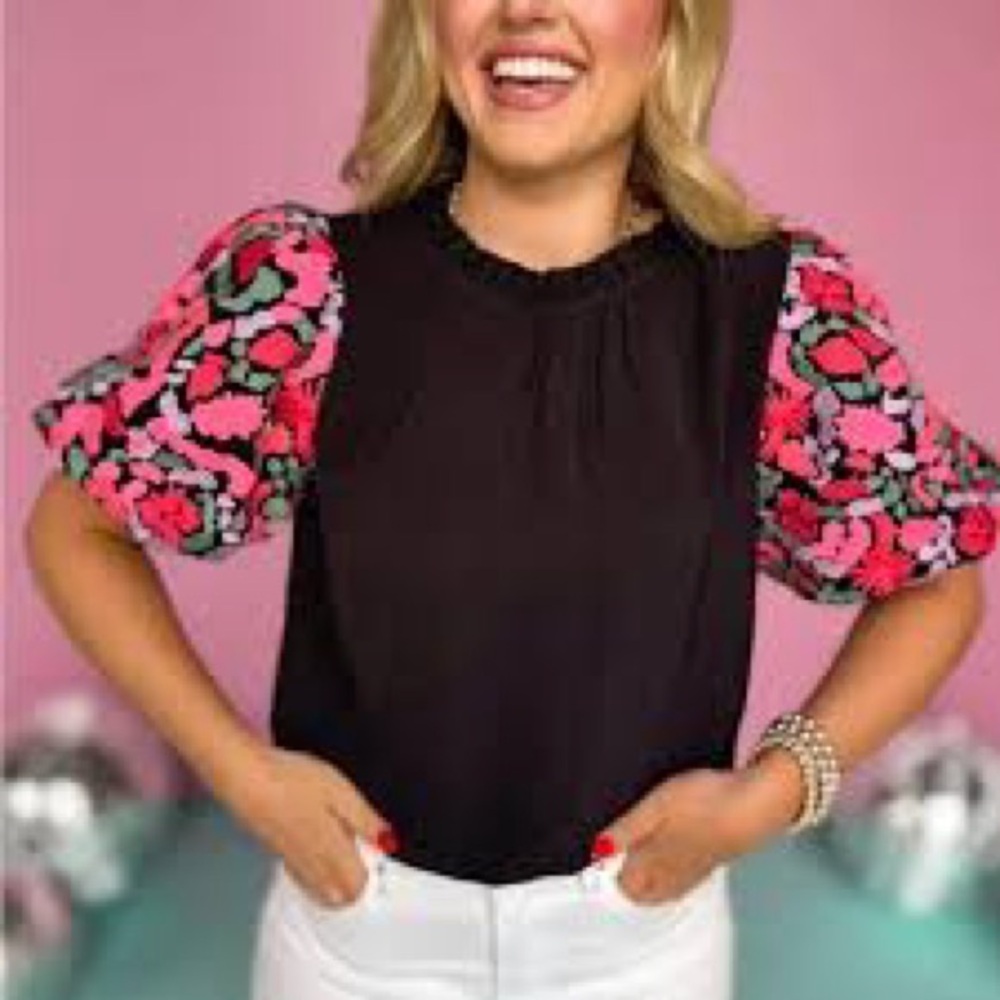 Jodifl Frill Neck, Embroidered Balloon Sleeve Blouse- Size Small